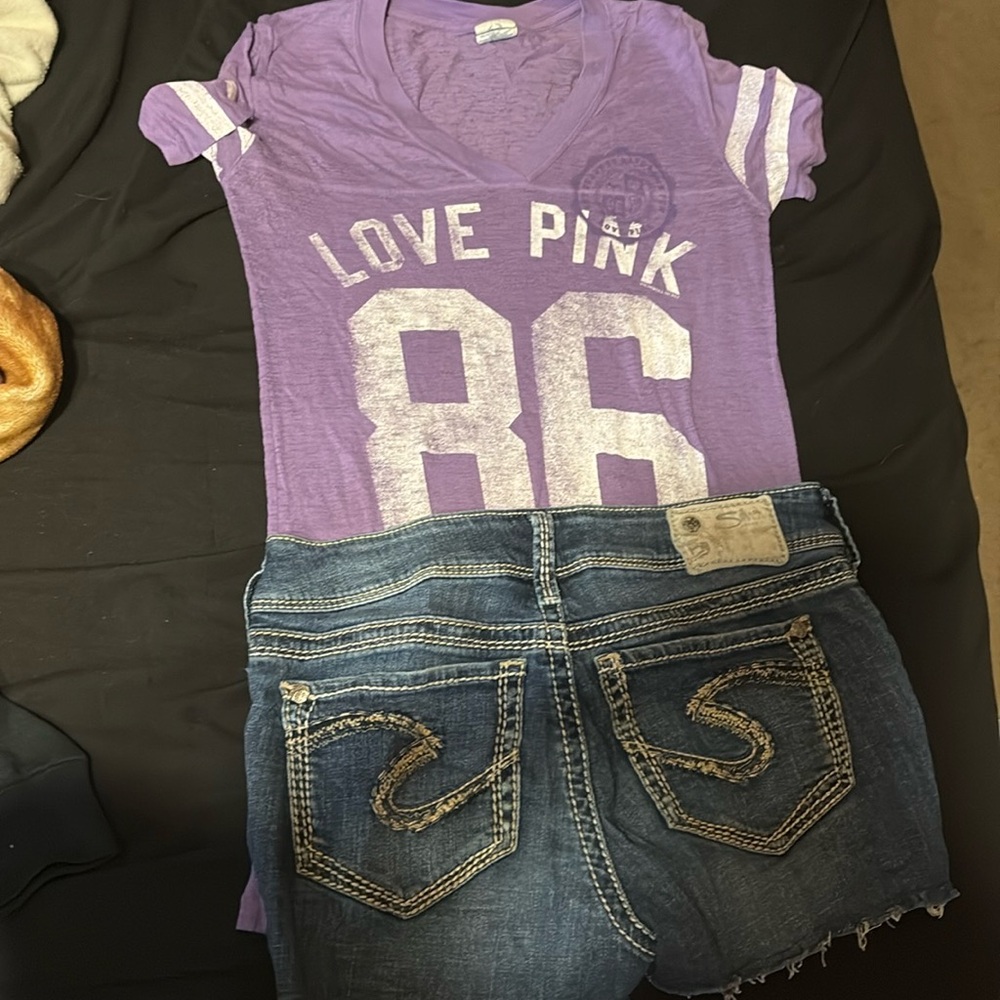 Love pink shirt and silver jean shorts